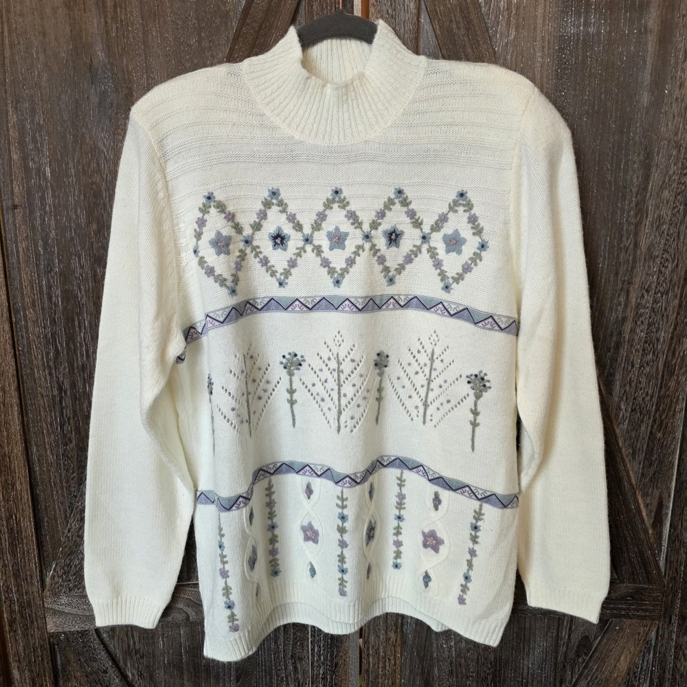 Alfred Dunner Sweater Women's Size Large Ivory Embroidered Floral Grandma